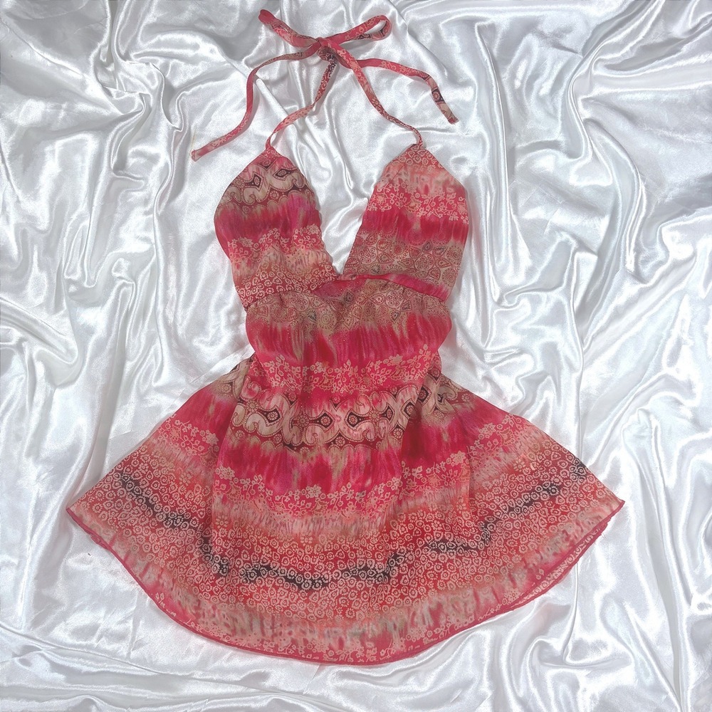 y2k Halter Top Pink Excellent Daisy Fuentes Paisley Glitter Babydoll Camisole